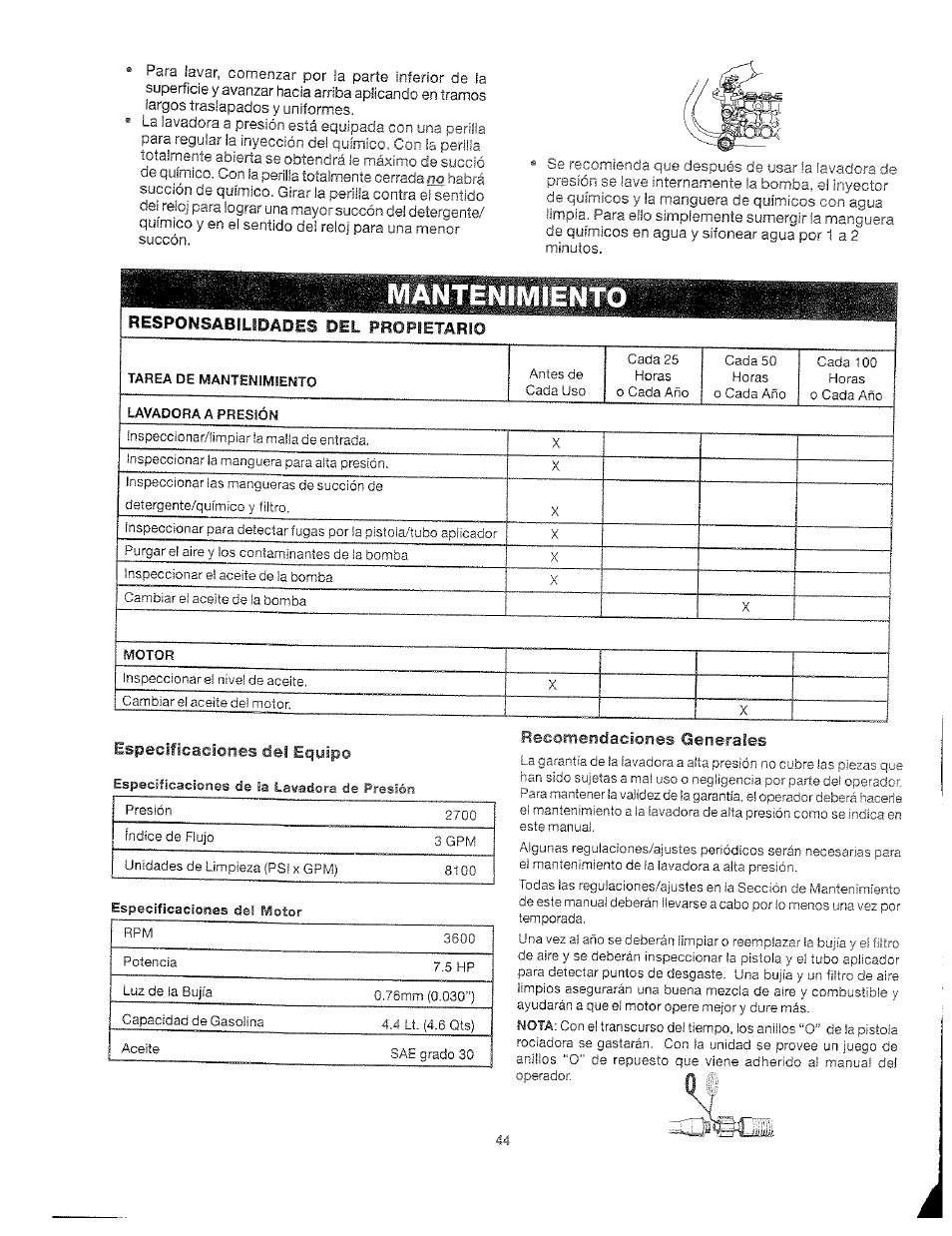 Especificaciones dei equipo, Recomendaciones generales, Mánte^ffiñtó | Responsabilidades del propietario | Craftsman 919.762500 User Manual | Page 44 / 56