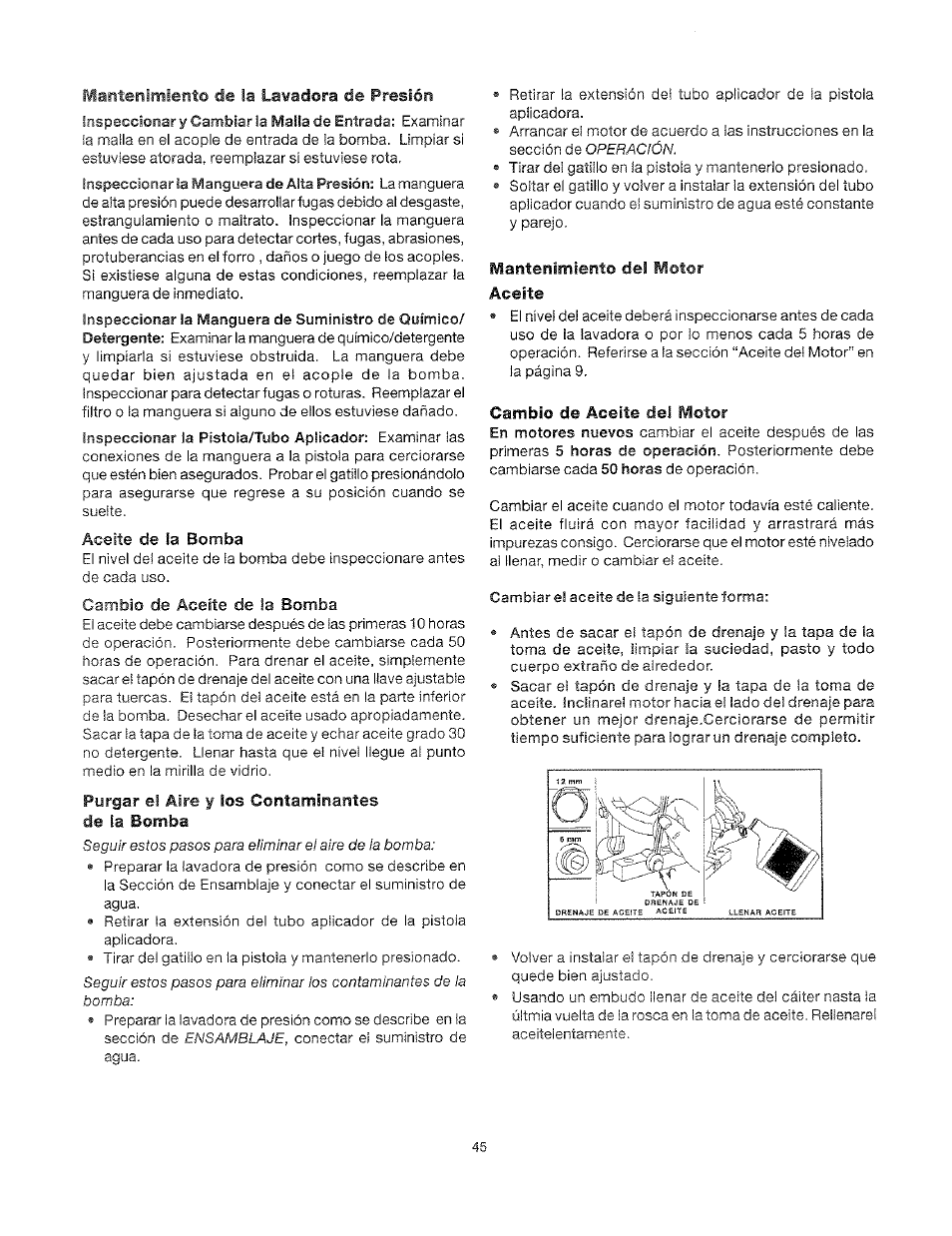 Aceite de la bomba, Cambio de aceite de la bomba, Purgar ei aire y los contaminantes de la bomba | Mantenimiento dei motor aceite, Cambio de aceite del motor, Mantenimiento de la lavadora de freslón, Aceite de, Bomba | Craftsman 919.762500 User Manual | Page 45 / 56