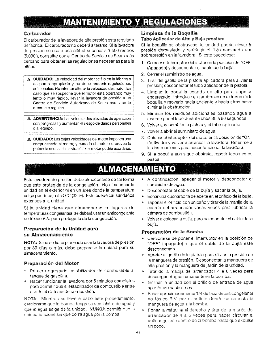 Limpieza de la boquilla, Preparación de la unidad para su almacenamiento, Preparación del motor | Preparación de la bomba, Mantenimiento y regulaciones, Almacenamientd | Craftsman 919.762500 User Manual | Page 47 / 56