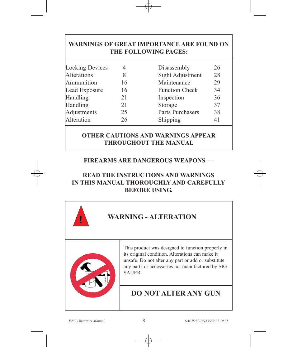 Do not alter any gun warning - alteration | SIG SAUER P232 User Manual | Page 10 / 48