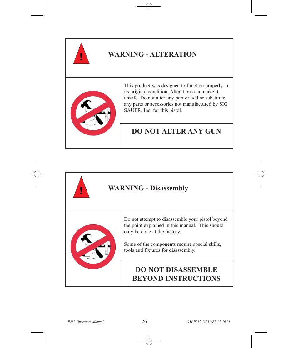 Do not alter any gun warning - alteration | SIG SAUER P232 User Manual | Page 28 / 48