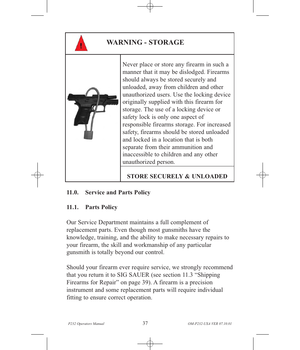 Warning - storage | SIG SAUER P232 User Manual | Page 39 / 48