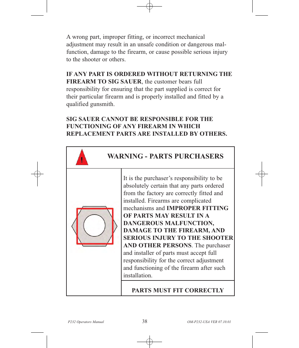 Warning - parts purchasers | SIG SAUER P232 User Manual | Page 40 / 48