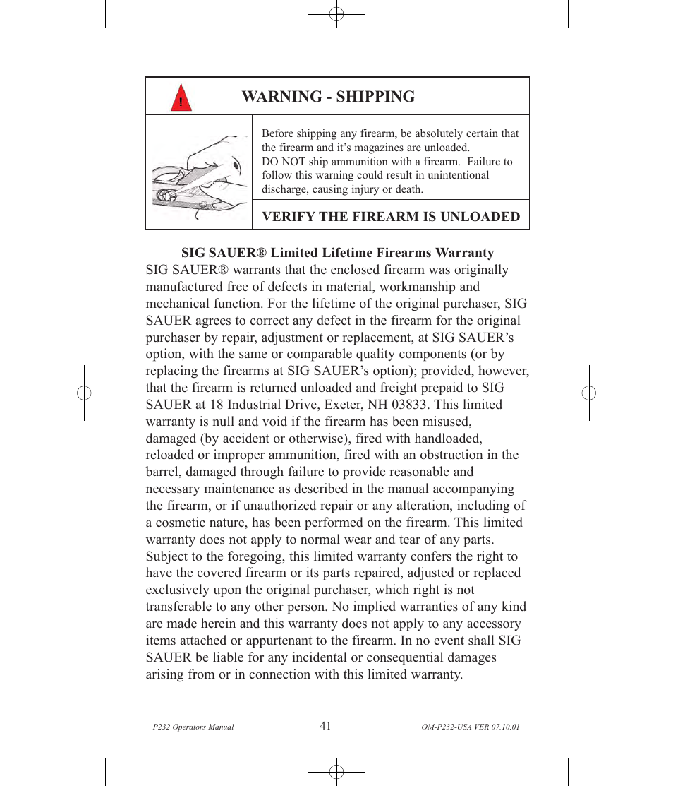 Warning - shipping | SIG SAUER P232 User Manual | Page 43 / 48