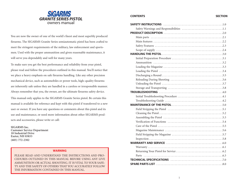 Granite series pistol owners manual | SIG SAUER 1911 User Manual | Page 2 / 15