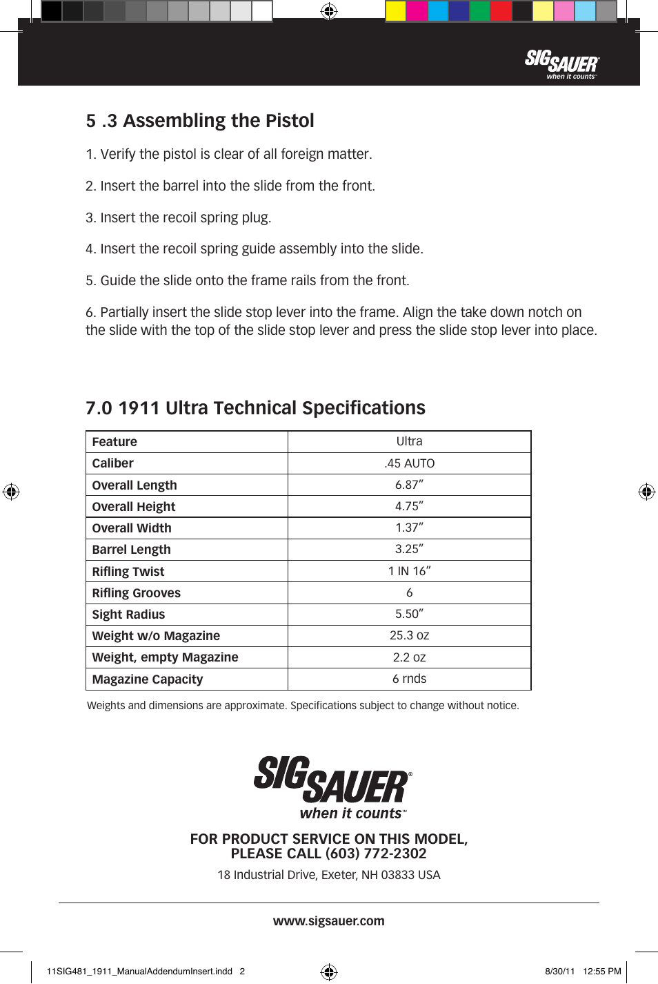 5 .3 assembling the pistol | SIG SAUER 1911 Ultra Addendum User Manual | Page 2 / 2