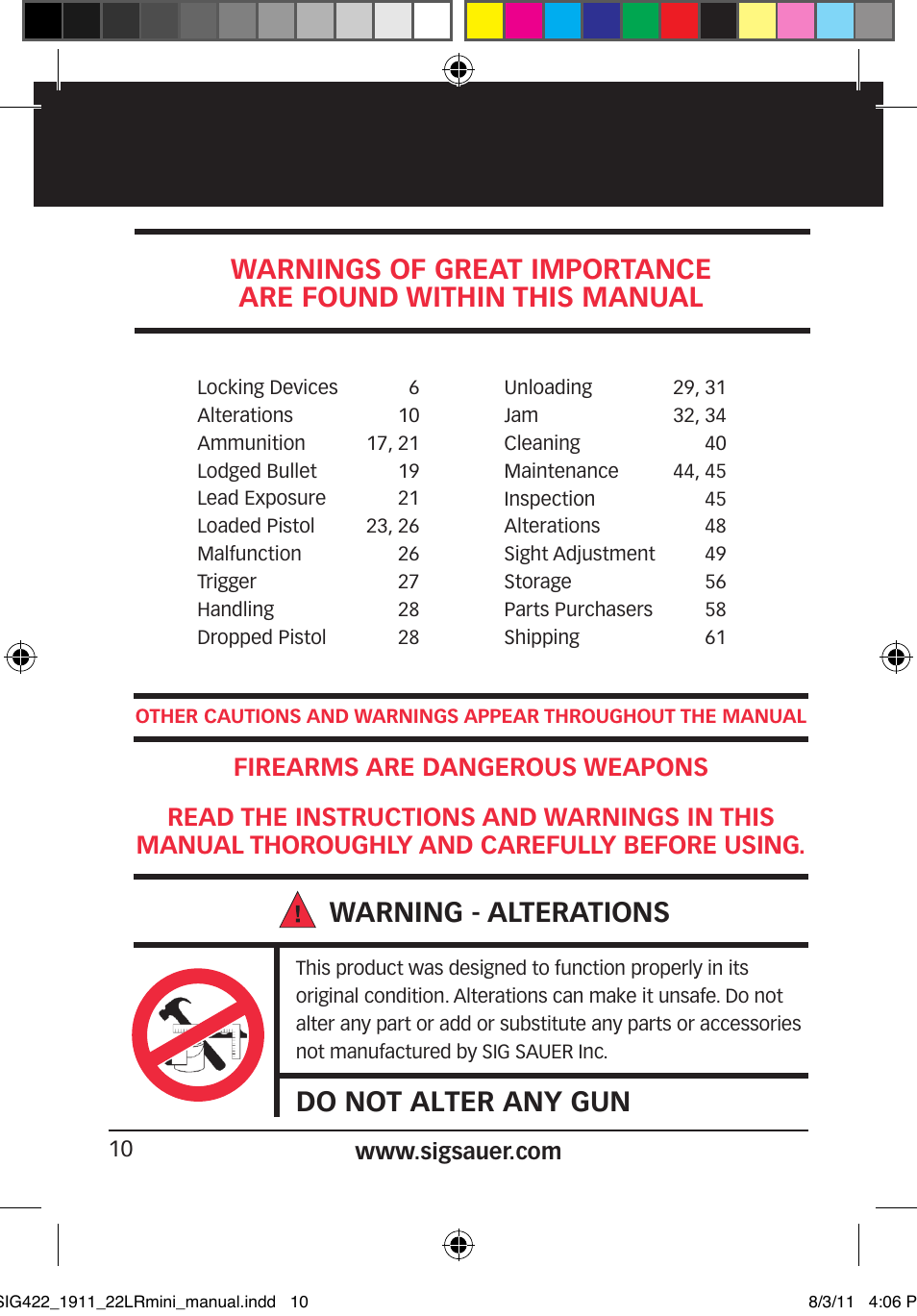 Warning - alterations, Do not alter any gun | SIG SAUER 1911 .22LR User Manual | Page 10 / 64