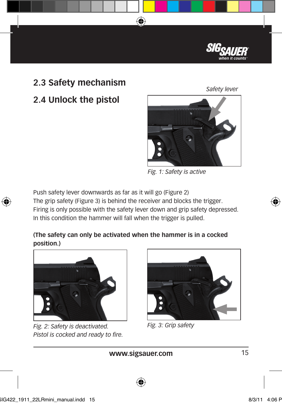 3 safety mechanism 2.4 unlock the pistol | SIG SAUER 1911 .22LR User Manual | Page 15 / 64