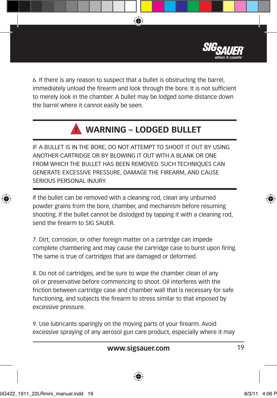 Warning – lodged bullet | SIG SAUER 1911 .22LR User Manual | Page 19 / 64