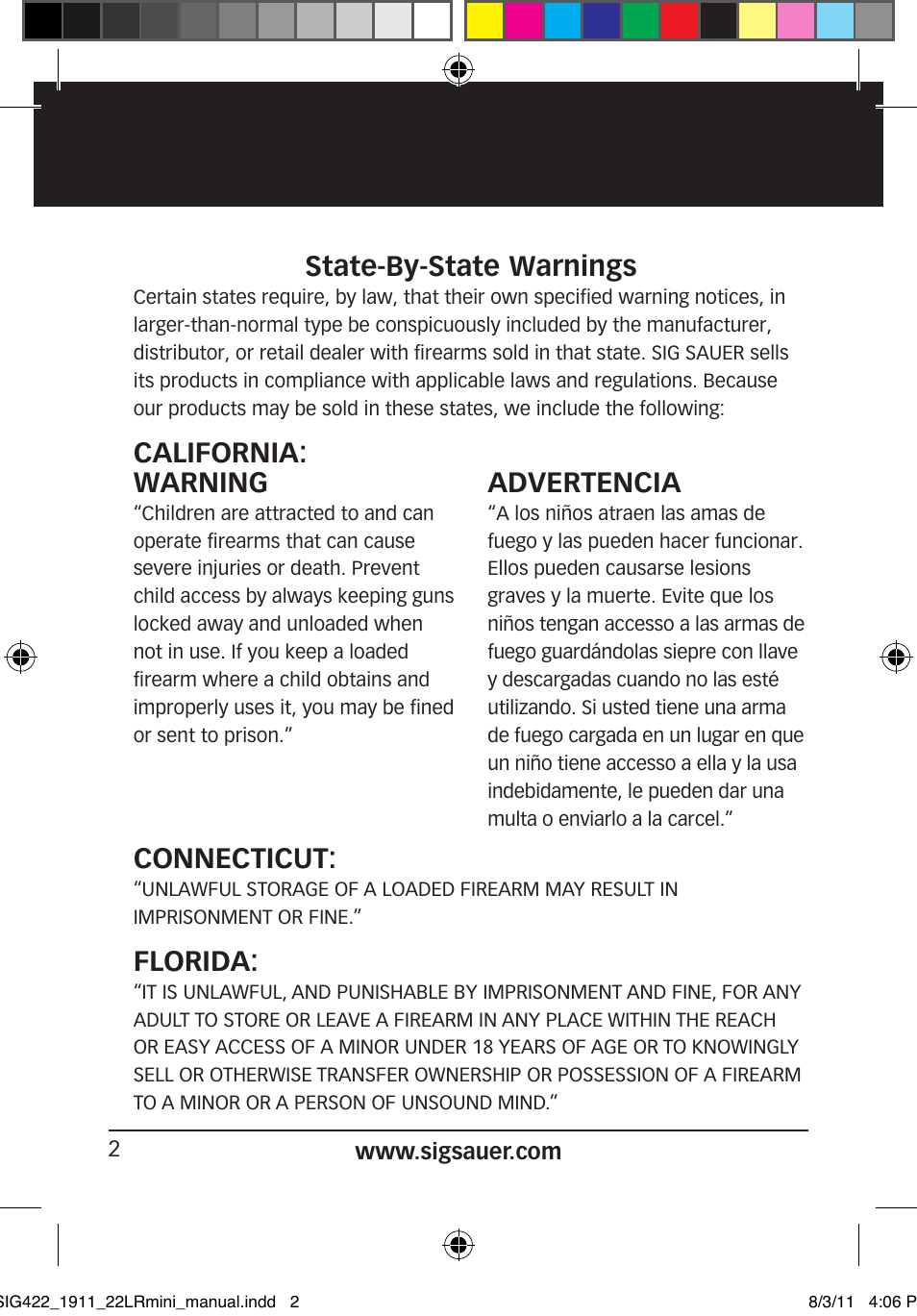 State-by-state warnings, California: connecticut, Florida | Warning, Advertencia | SIG SAUER 1911 .22LR User Manual | Page 2 / 64