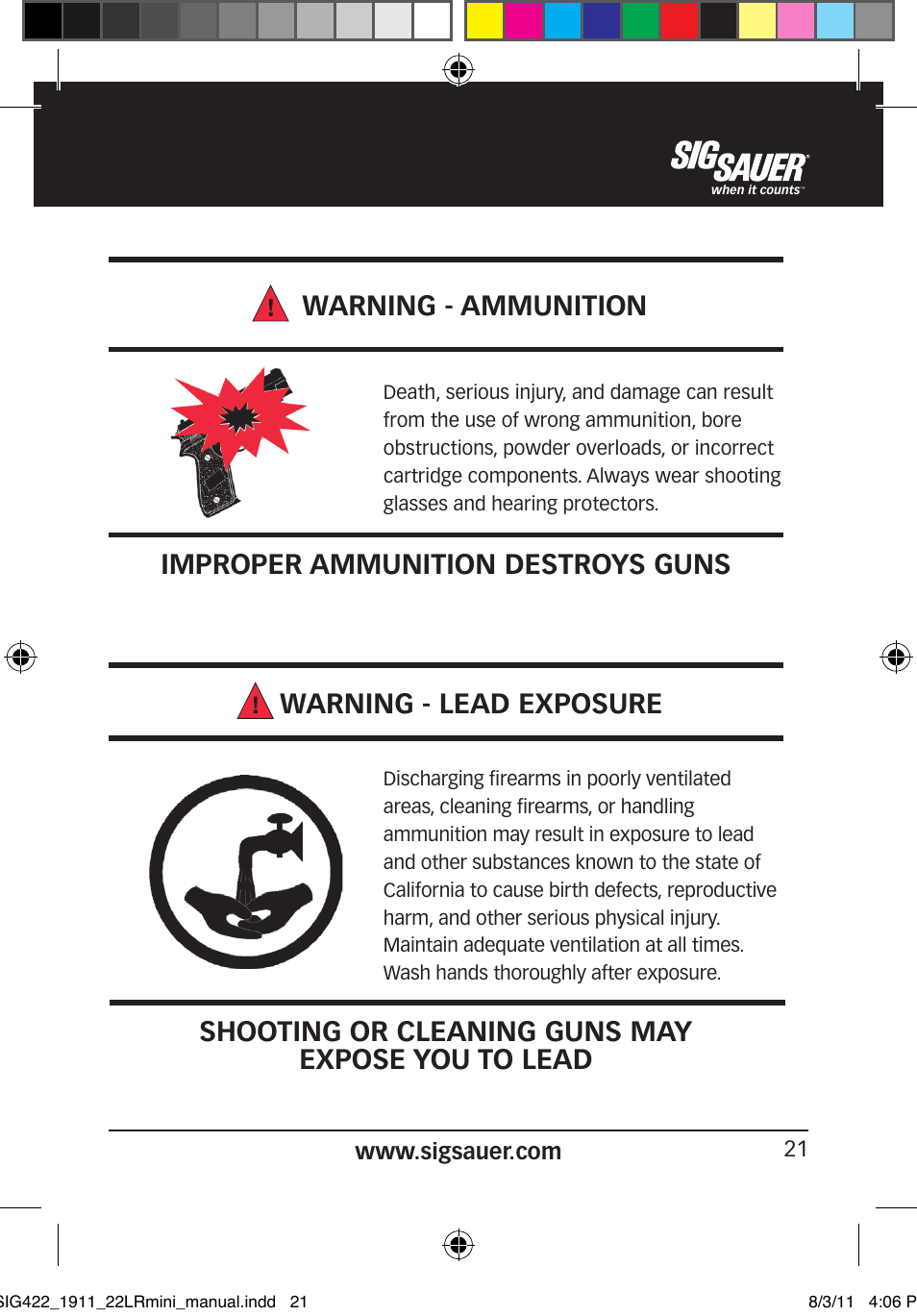 Warning - ammunition, Shooting or cleaning guns may expose you to lead | SIG SAUER 1911 .22LR User Manual | Page 21 / 64