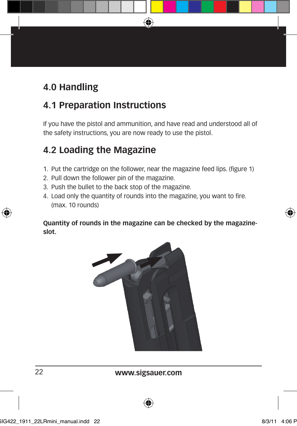 0 handling 4.1 preparation instructions, 2 loading the magazine | SIG SAUER 1911 .22LR User Manual | Page 22 / 64