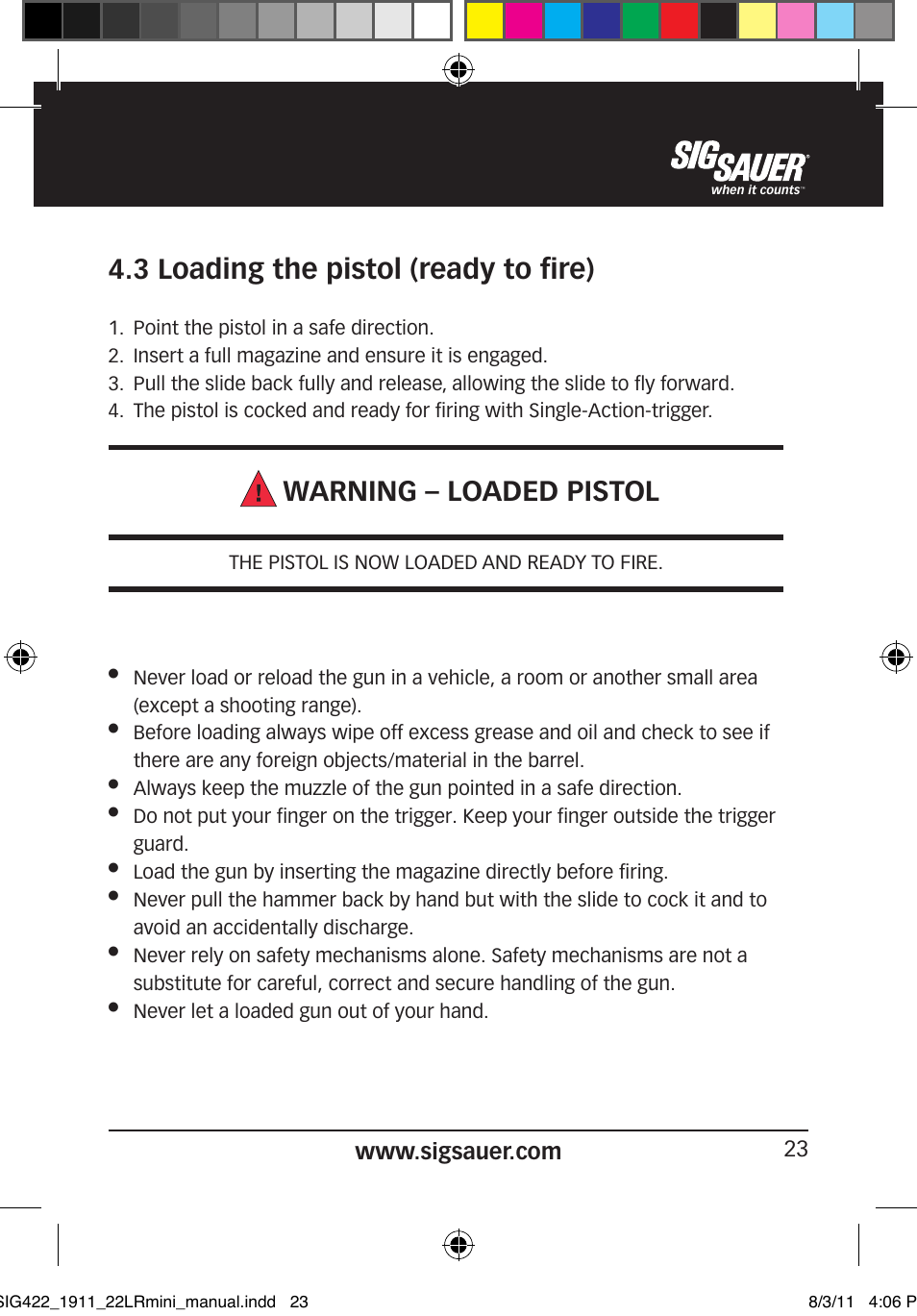 3 loading the pistol (ready to fire), Warning – loaded pistol | SIG SAUER 1911 .22LR User Manual | Page 23 / 64