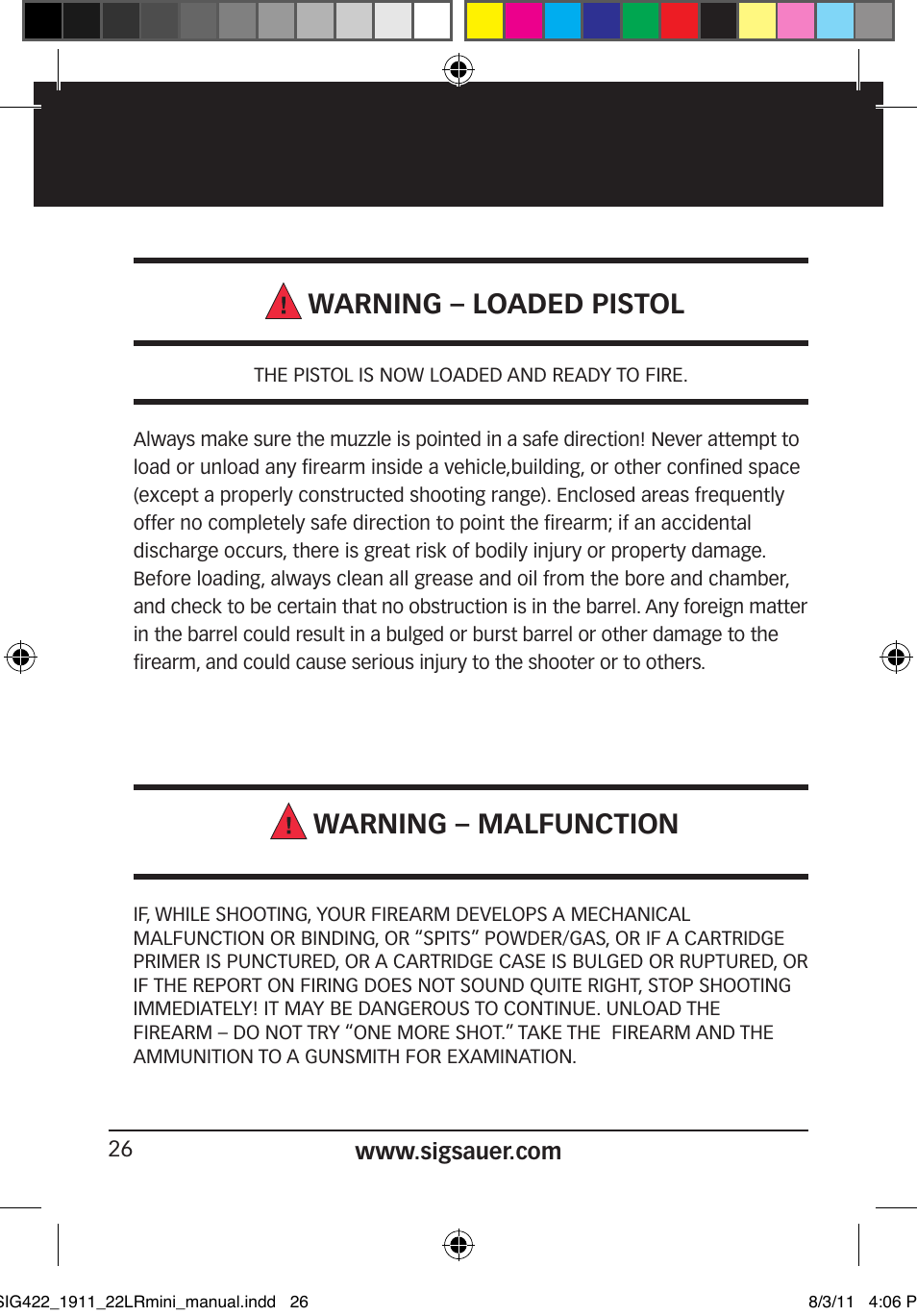 Warning – loaded pistol, Warning – malfunction | SIG SAUER 1911 .22LR User Manual | Page 26 / 64