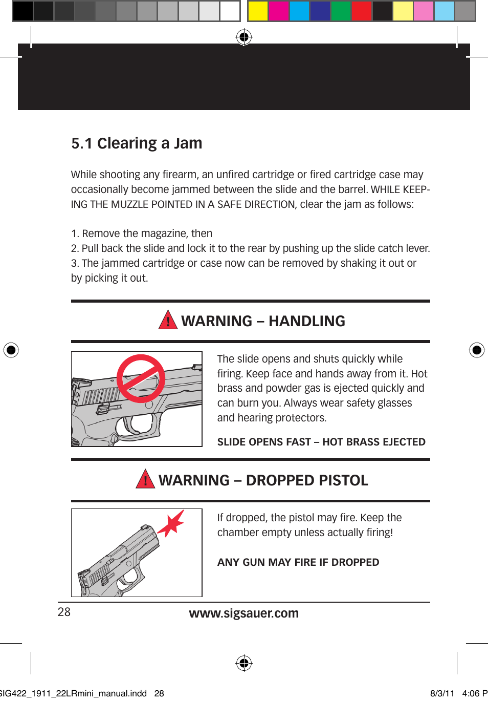 1 clearing a jam, Warning – handling, Warning – dropped pistol | SIG SAUER 1911 .22LR User Manual | Page 28 / 64