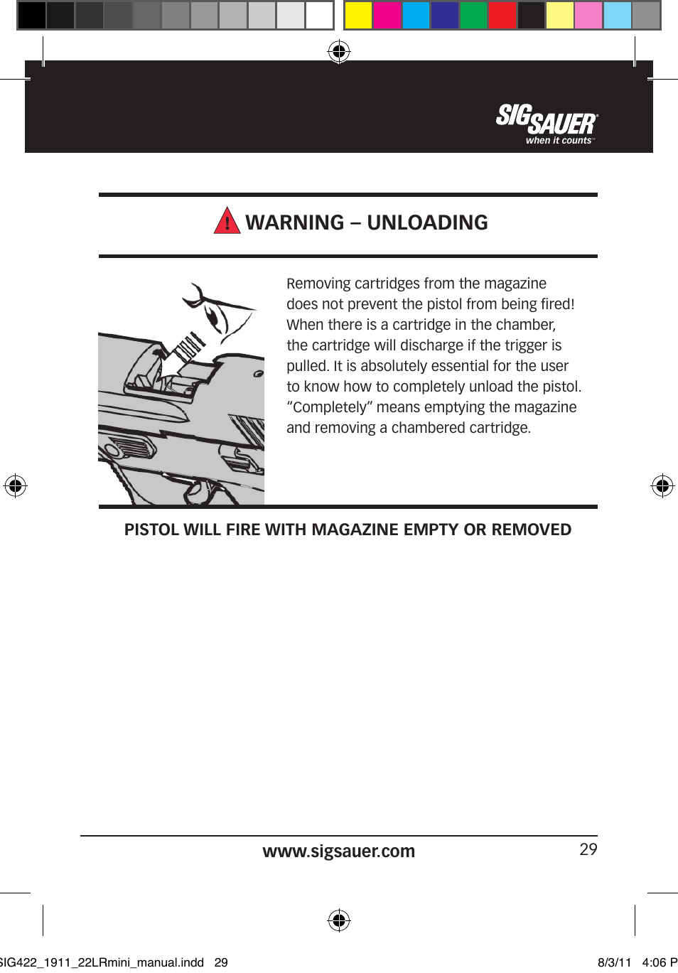 Warning – unloading, Pistol will fire with magazine empty or removed | SIG SAUER 1911 .22LR User Manual | Page 29 / 64