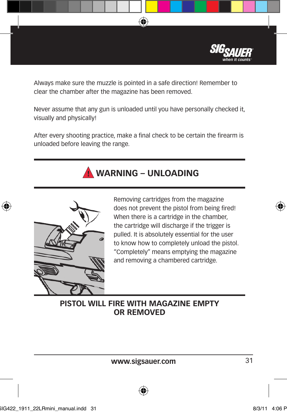 Warning – unloading, Pistol will fire with magazine empty or removed | SIG SAUER 1911 .22LR User Manual | Page 31 / 64