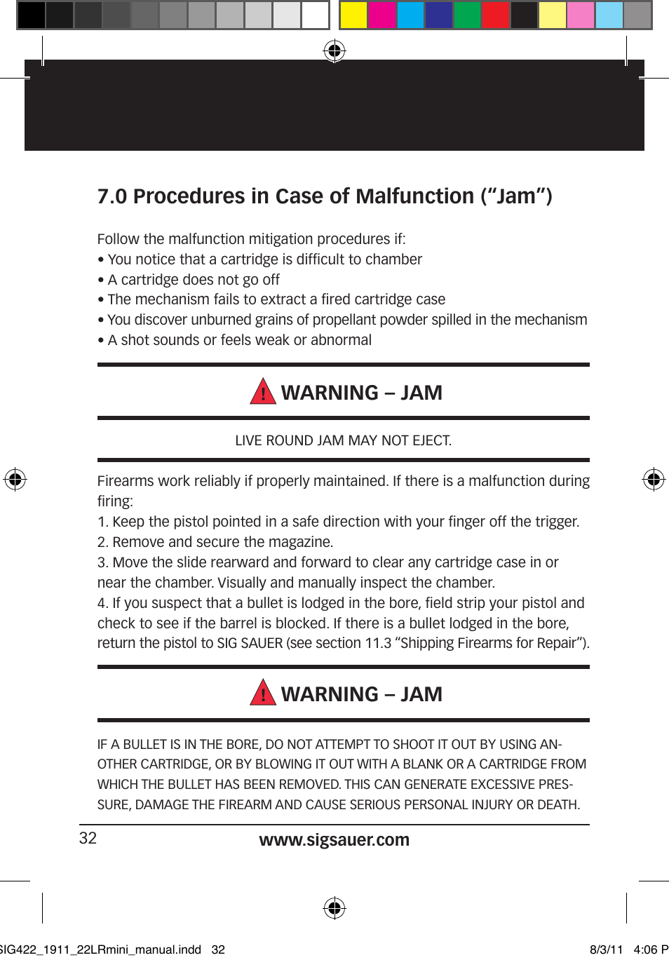 0 procedures in case of malfunction (“jam”), Warning – jam | SIG SAUER 1911 .22LR User Manual | Page 32 / 64