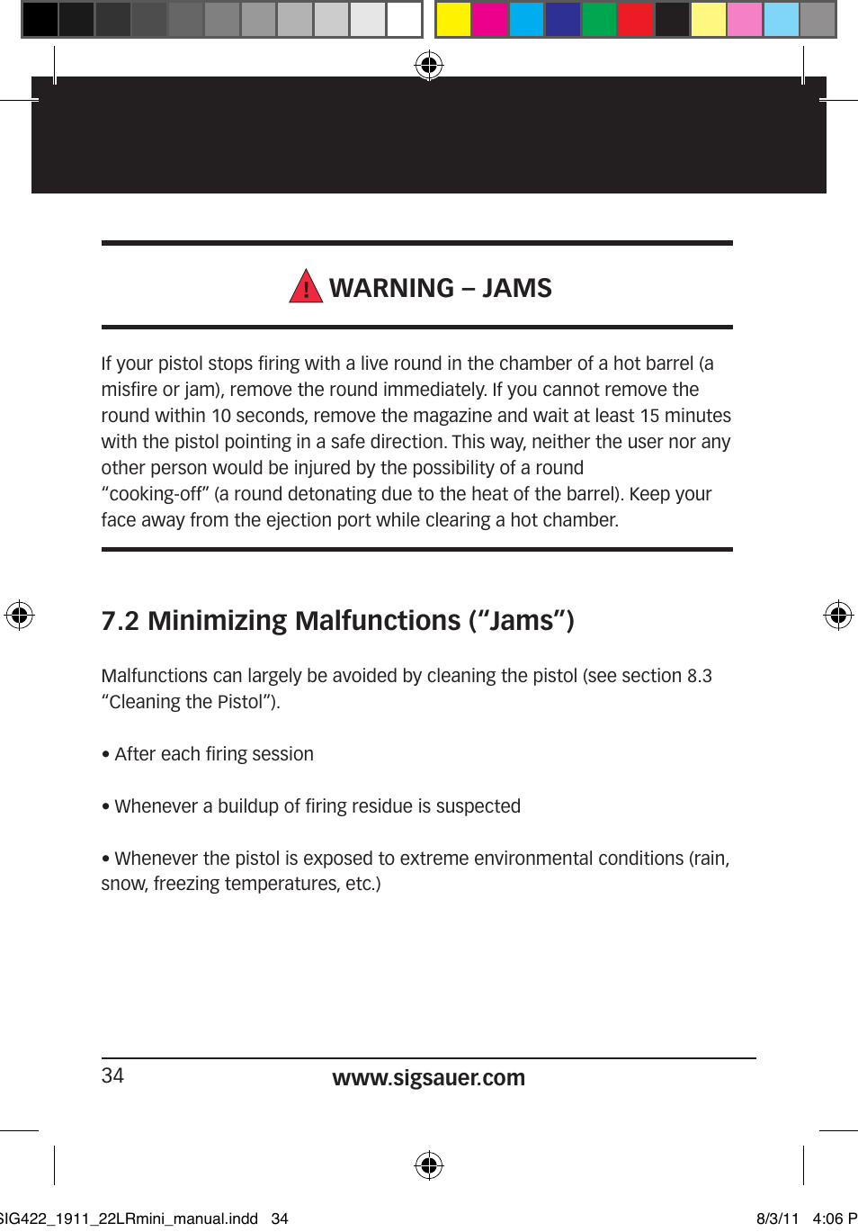 Warning – jams, 2 minimizing malfunctions (“jams”) | SIG SAUER 1911 .22LR User Manual | Page 34 / 64