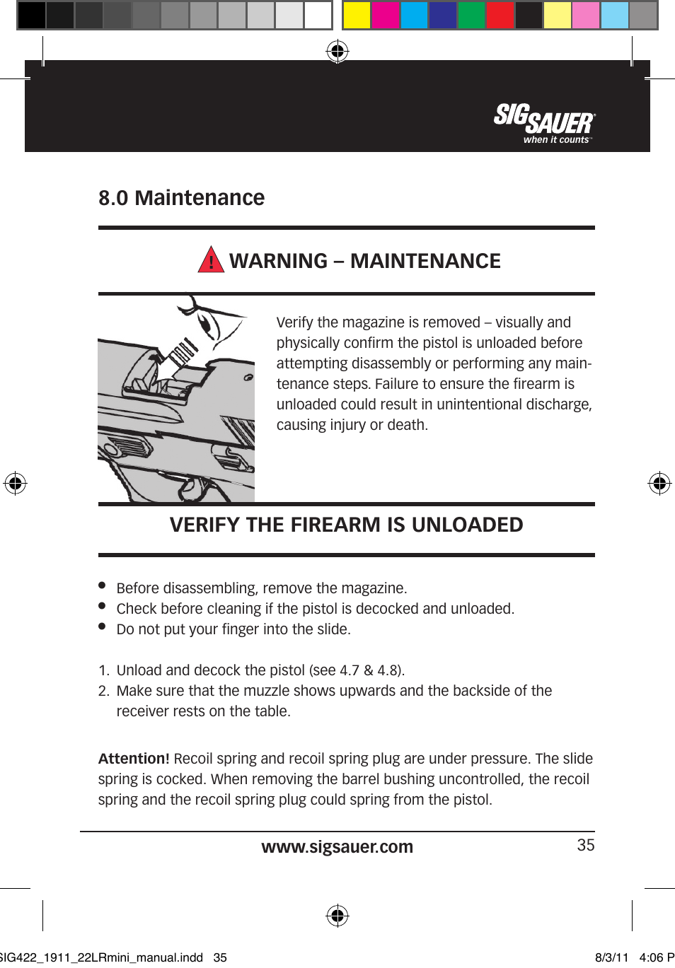 0 maintenance warning – maintenance, Verify the firearm is unloaded | SIG SAUER 1911 .22LR User Manual | Page 35 / 64