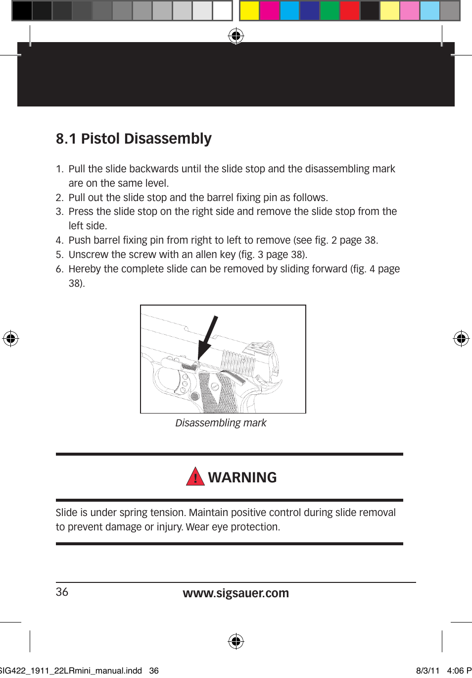 Warning, 1 pistol disassembly | SIG SAUER 1911 .22LR User Manual | Page 36 / 64