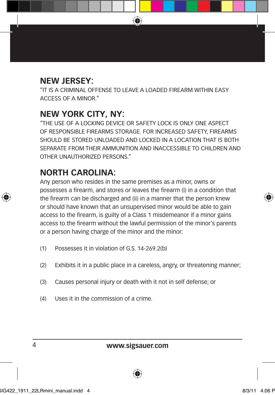 New jersey, New york city, ny, North carolina | SIG SAUER 1911 .22LR User Manual | Page 4 / 64
