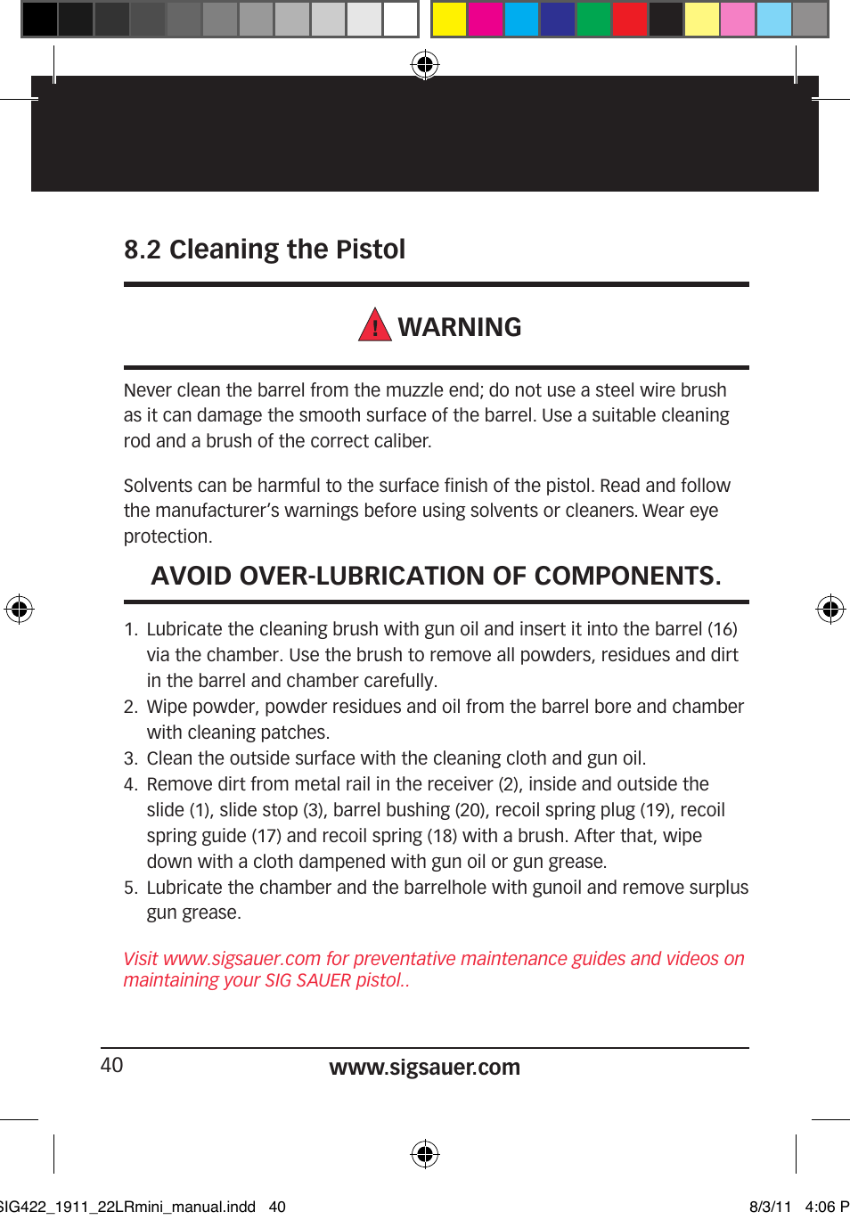 2 cleaning the pistol warning, Avoid over-lubrication of components | SIG SAUER 1911 .22LR User Manual | Page 40 / 64