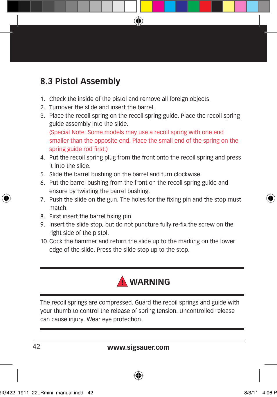 Warning, 3 pistol assembly | SIG SAUER 1911 .22LR User Manual | Page 42 / 64