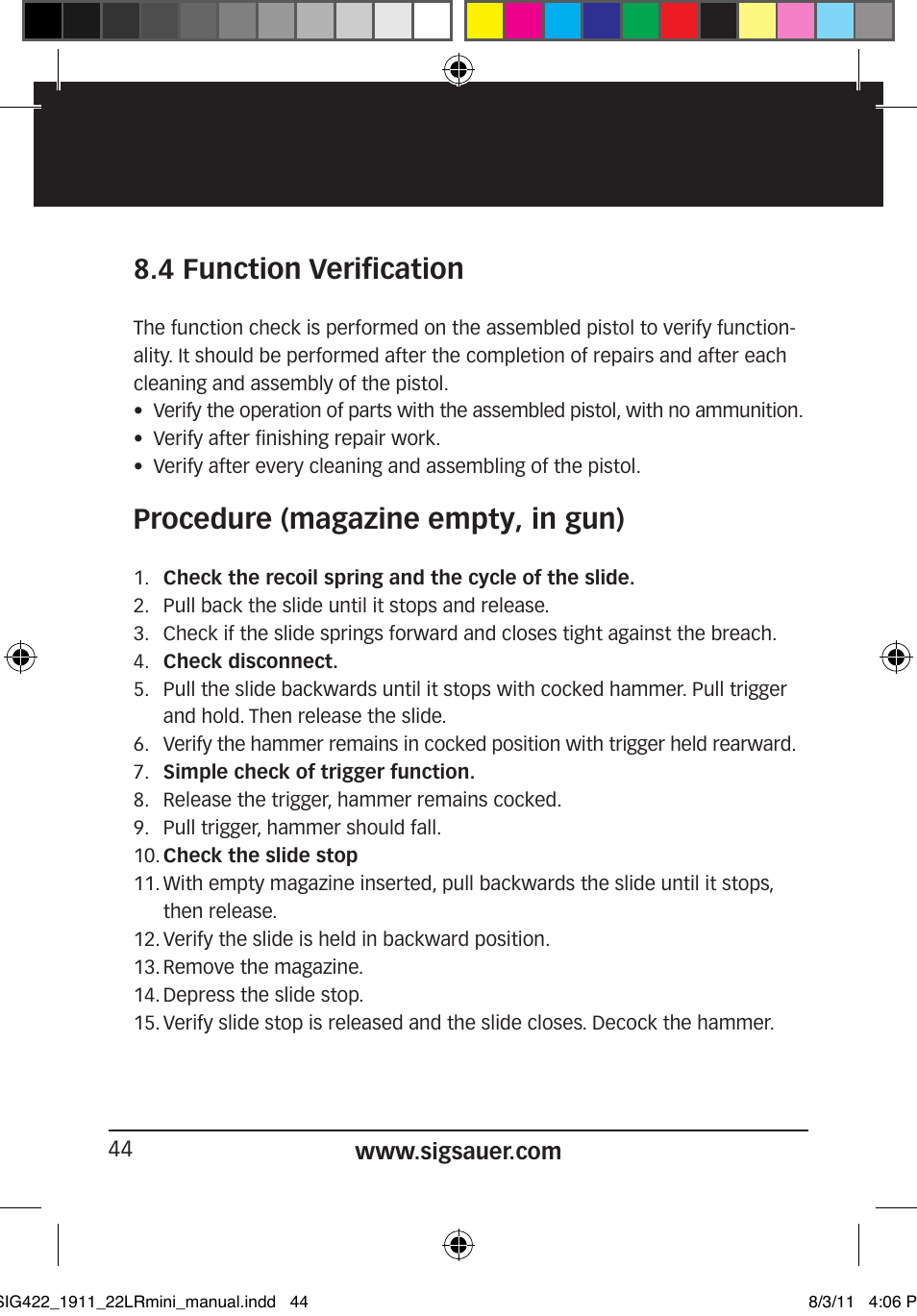 4 function verification, Procedure (magazine empty, in gun) | SIG SAUER 1911 .22LR User Manual | Page 44 / 64