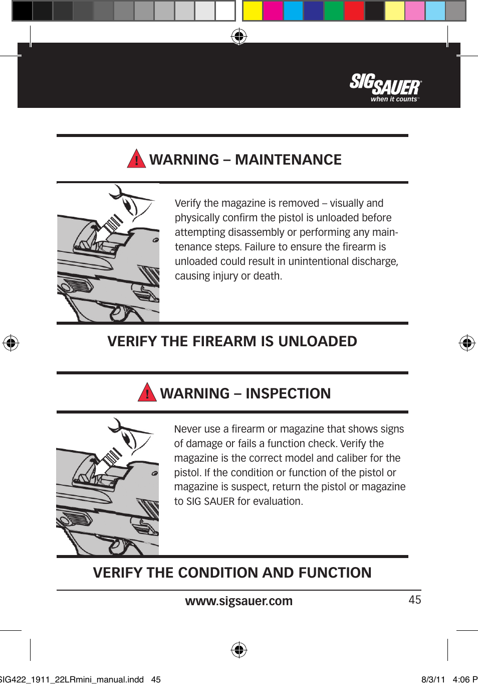 Warning – inspection, Verify the firearm is unloaded | SIG SAUER 1911 .22LR User Manual | Page 45 / 64