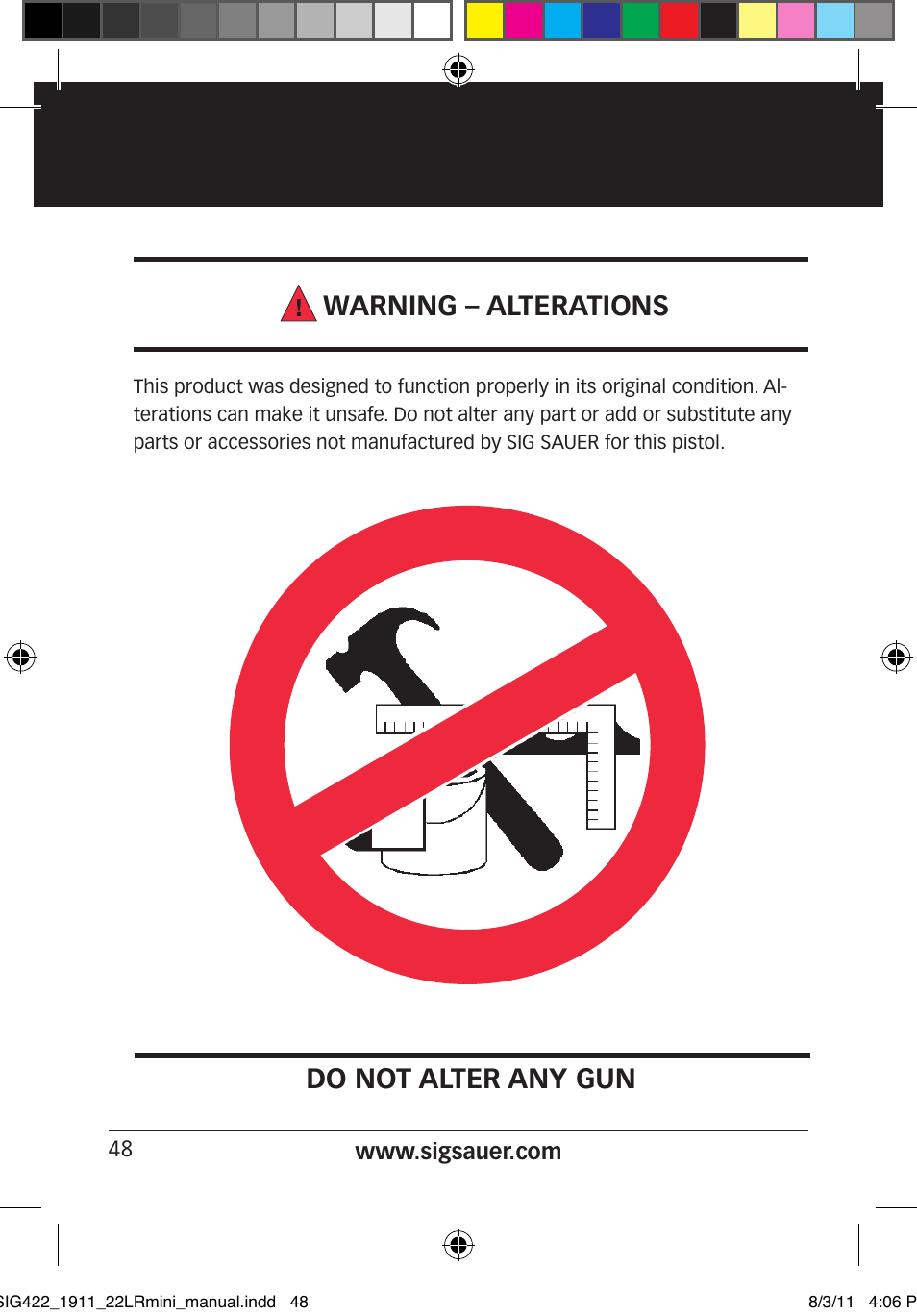 Warning – alterations, Do not alter any gun | SIG SAUER 1911 .22LR User Manual | Page 48 / 64