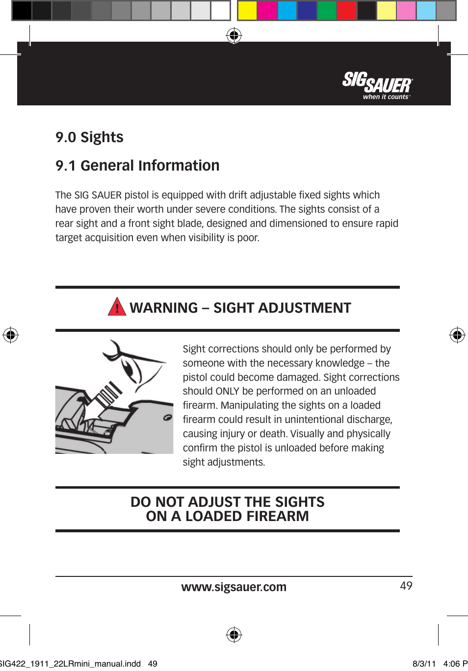 0 sights 9.1 general information, Warning – sight adjustment, Do not adjust the sights on a loaded firearm | SIG SAUER 1911 .22LR User Manual | Page 49 / 64
