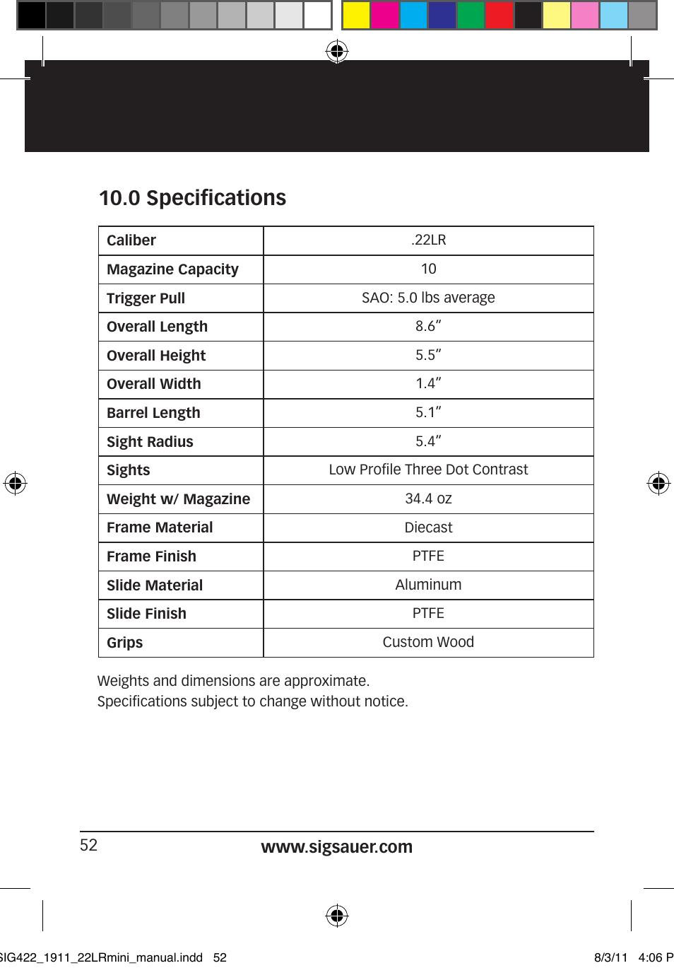 0 specifications | SIG SAUER 1911 .22LR User Manual | Page 52 / 64