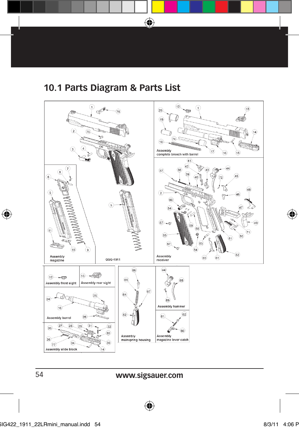 1 parts diagram & parts list | SIG SAUER 1911 .22LR User Manual | Page 54 / 64