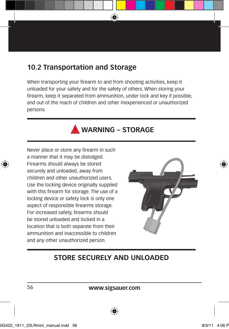 2 transportation and storage, Warning – storage, Store securely and unloaded | SIG SAUER 1911 .22LR User Manual | Page 56 / 64