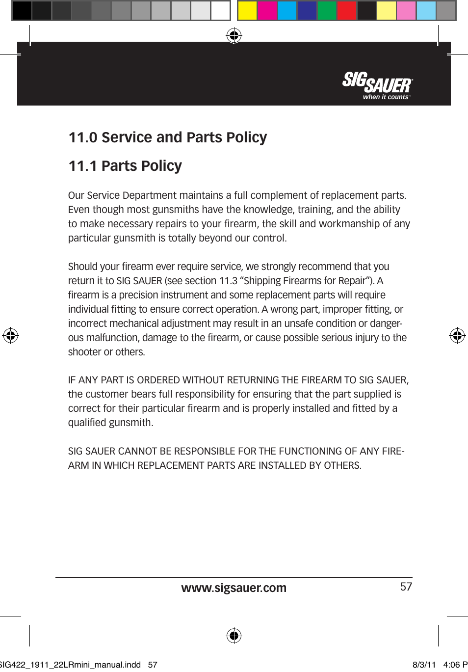 0 service and parts policy 11.1 parts policy | SIG SAUER 1911 .22LR User Manual | Page 57 / 64