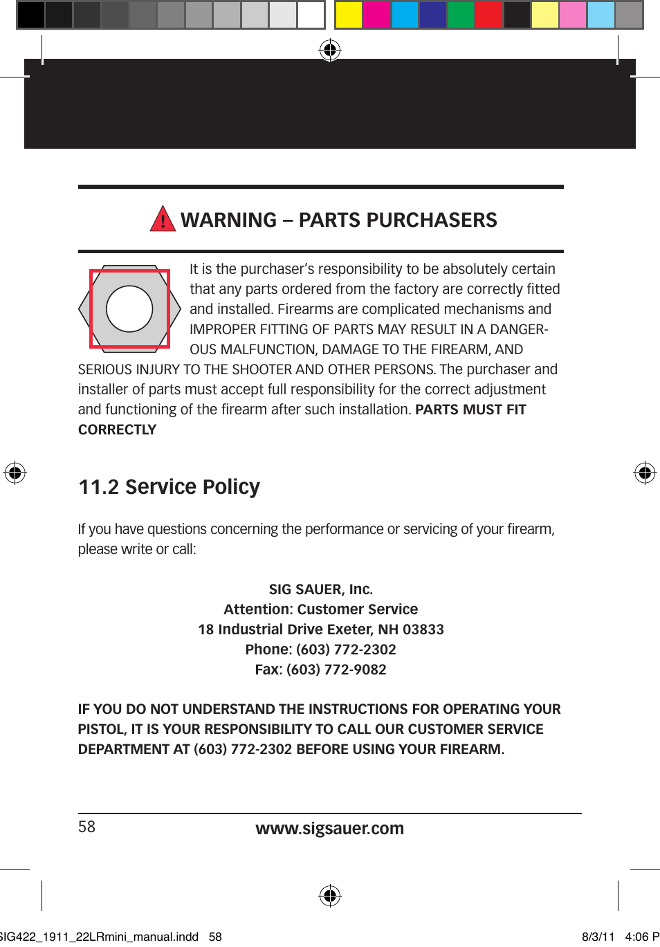 Warning – parts purchasers, 2 service policy | SIG SAUER 1911 .22LR User Manual | Page 58 / 64