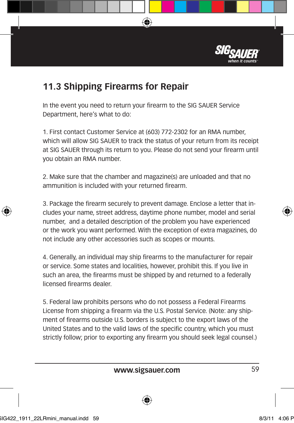 3 shipping firearms for repair | SIG SAUER 1911 .22LR User Manual | Page 59 / 64