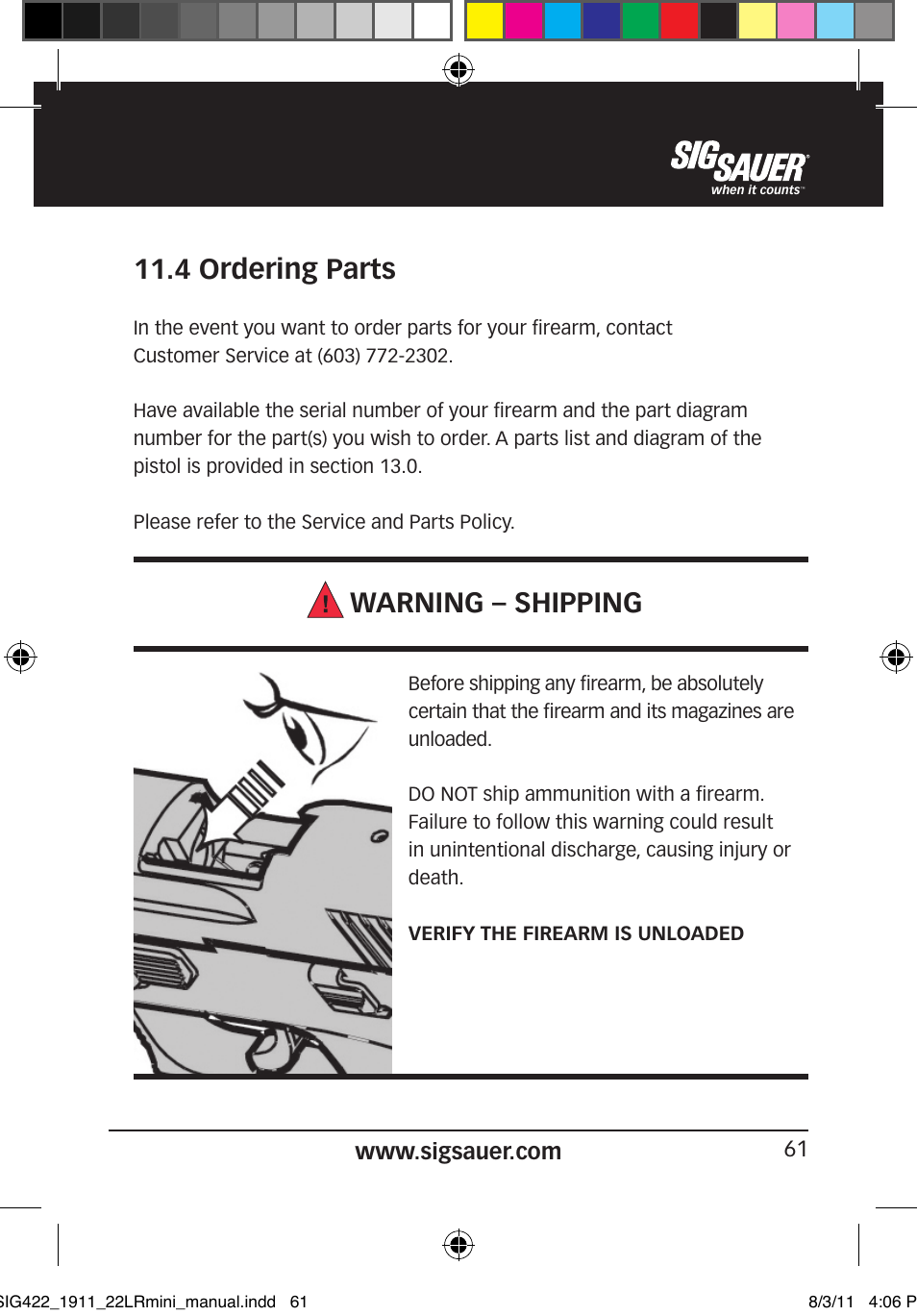 4 ordering parts, Warning – shipping | SIG SAUER 1911 .22LR User Manual | Page 61 / 64