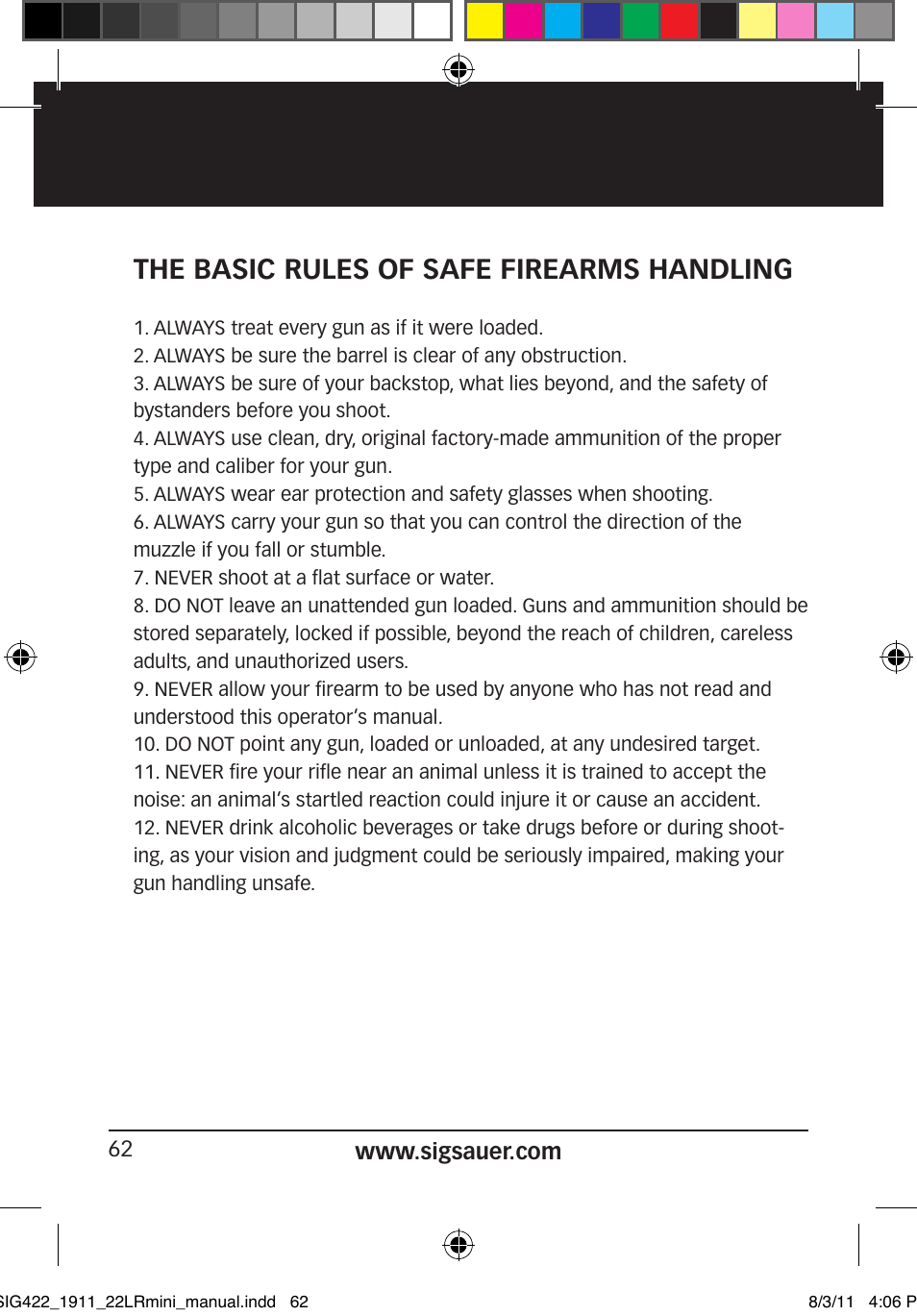 The basic rules of safe firearms handling | SIG SAUER 1911 .22LR User Manual | Page 62 / 64