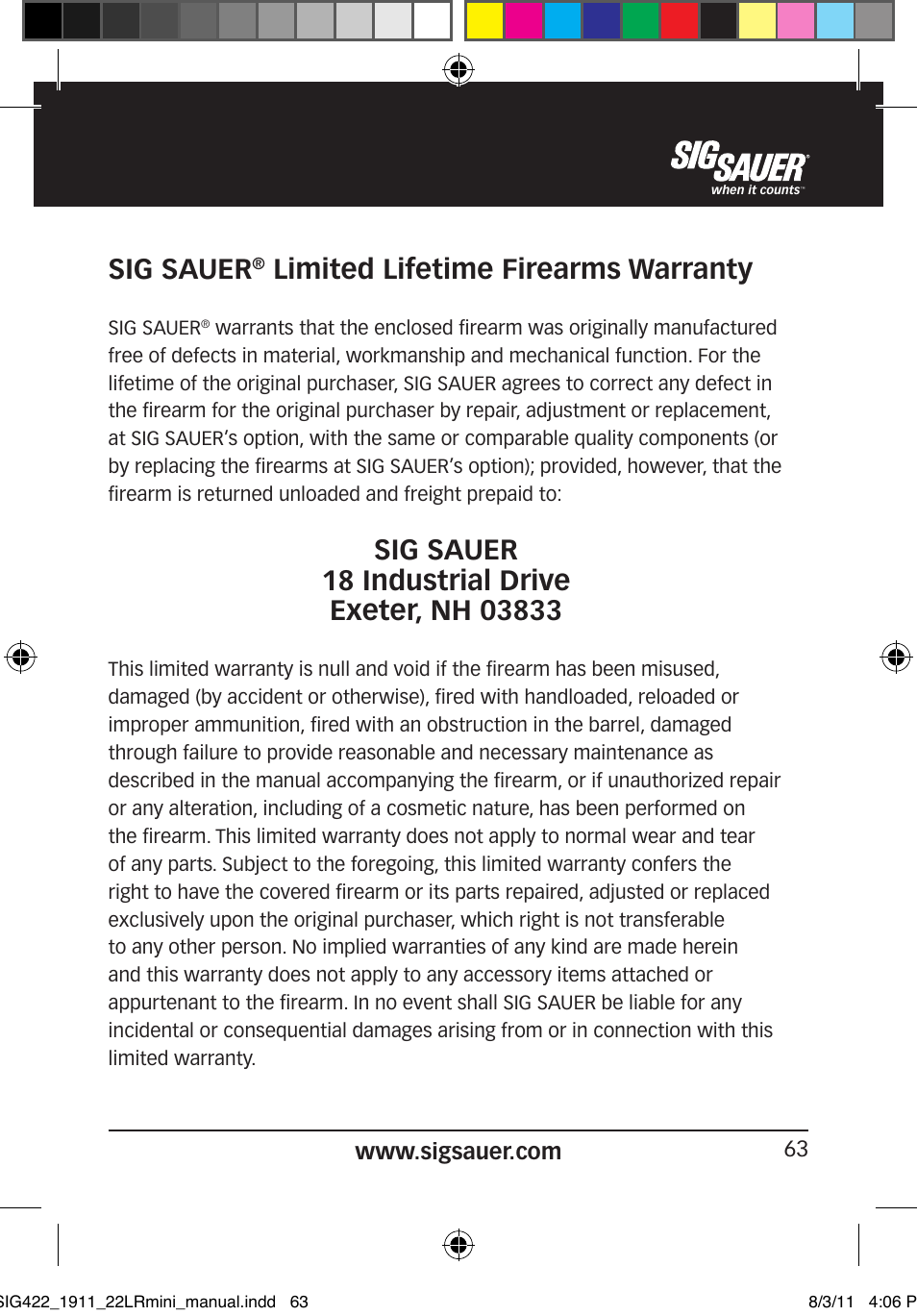 Sig sauer, Limited lifetime firearms warranty | SIG SAUER 1911 .22LR User Manual | Page 63 / 64