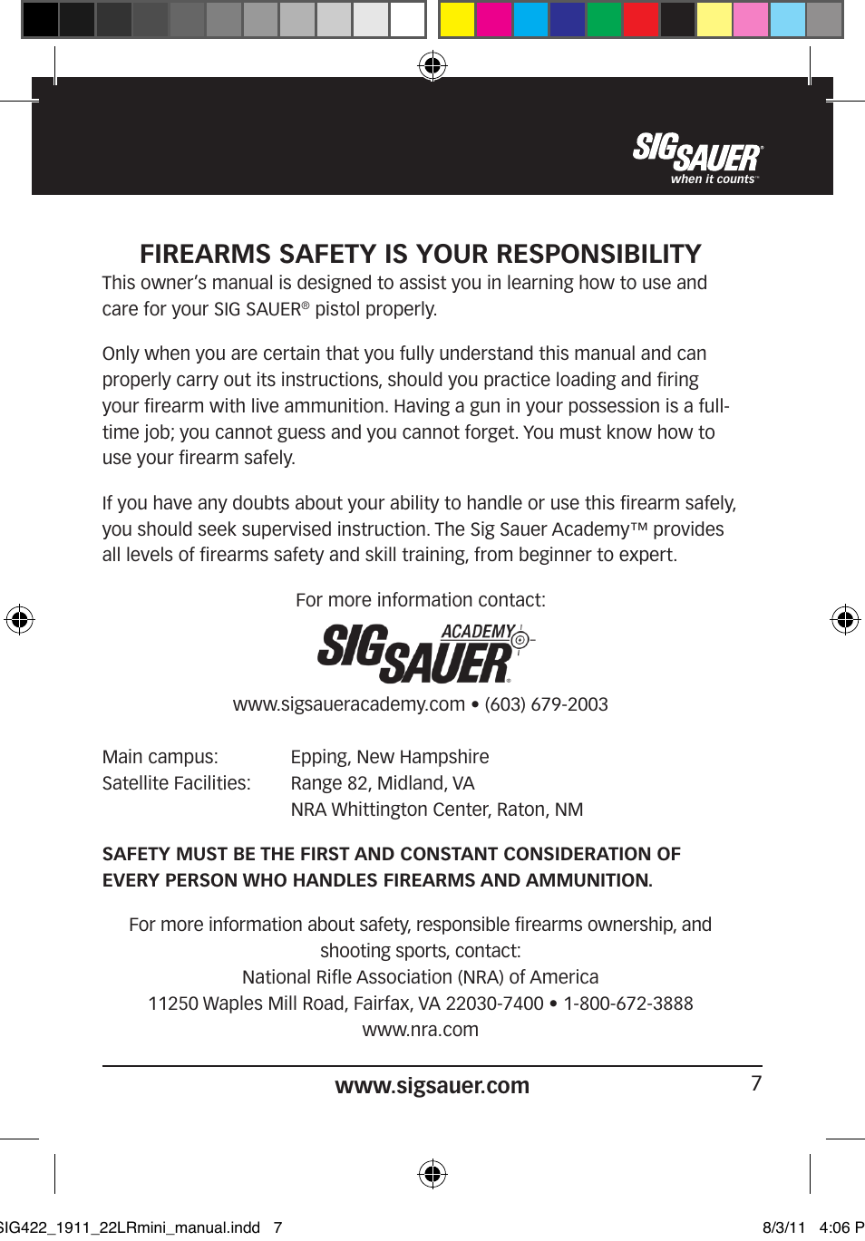 Firearms safety is your responsibility | SIG SAUER 1911 .22LR User Manual | Page 7 / 64