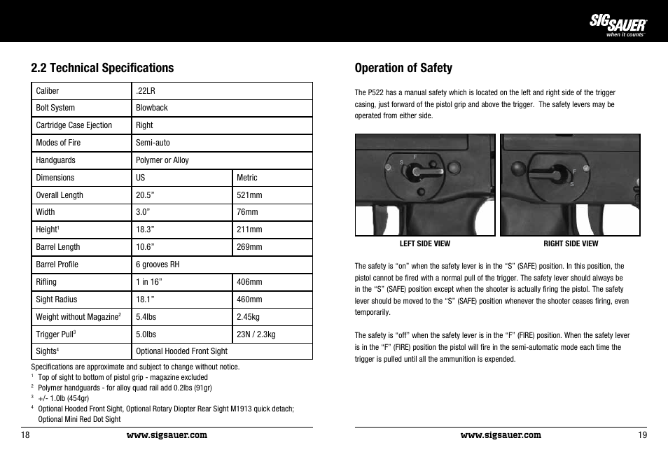 2 technical specifications, Operation of safety | SIG SAUER P522 Pistol User Manual | Page 10 / 31