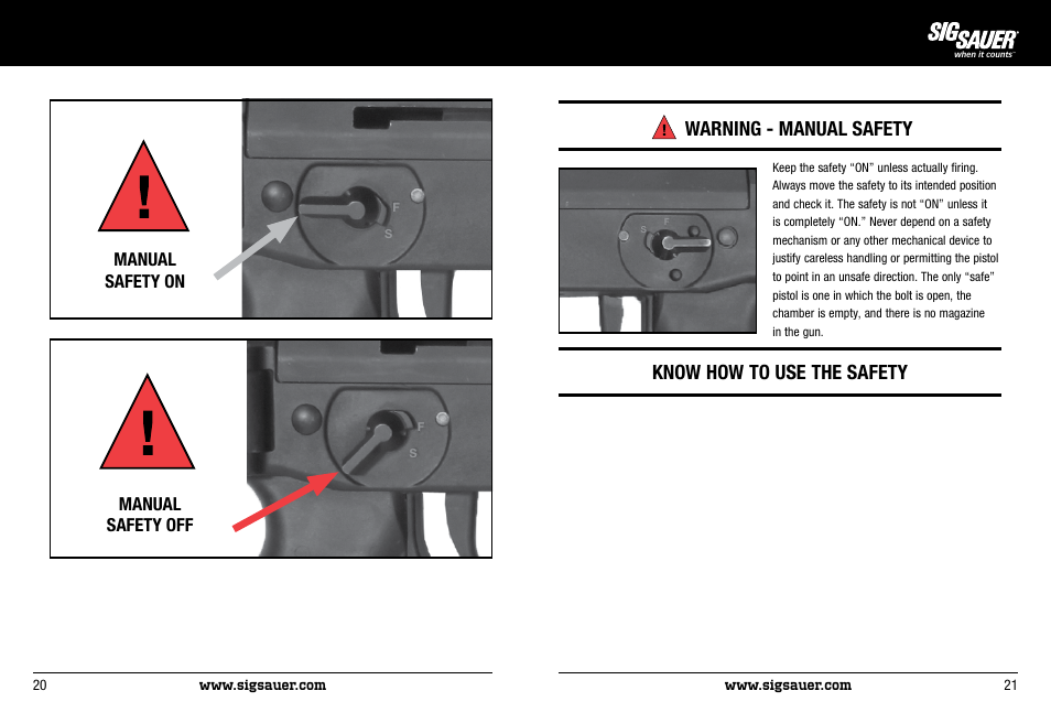 Warning - manual safety, Know how to use the safety, Manual safety off | Manual safety on | SIG SAUER P522 Pistol User Manual | Page 11 / 31