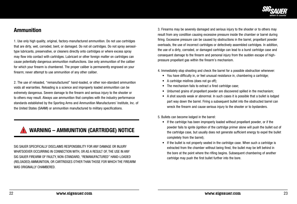 Ammunition, Warning – ammunition (cartridge) notice | SIG SAUER P522 Pistol User Manual | Page 12 / 31