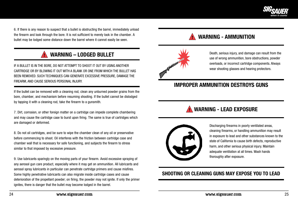 Warning - ammunition, Warning – lodged bullet, Shooting or cleaning guns may expose you to lead | SIG SAUER P522 Pistol User Manual | Page 13 / 31