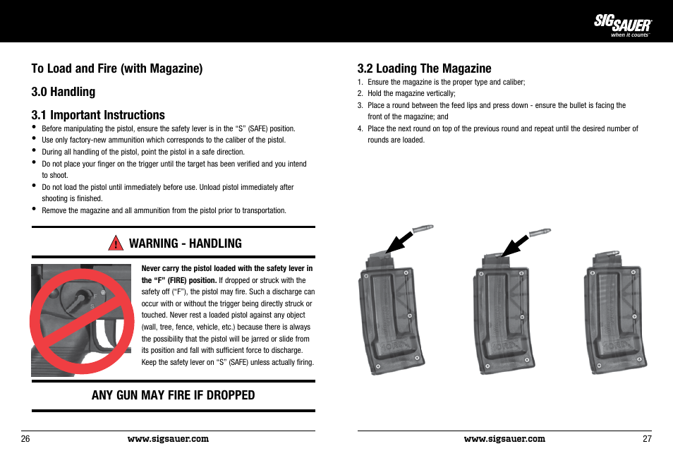 2 loading the magazine, Warning - handling, Any gun may fire if dropped | SIG SAUER P522 Pistol User Manual | Page 14 / 31