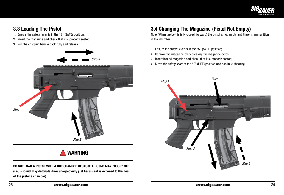 Warning, 3 loading the pistol, 4 changing the magazine (pistol not empty) | SIG SAUER P522 Pistol User Manual | Page 15 / 31