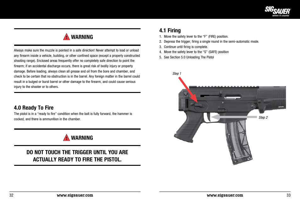 Warning, 0 ready to fire, 1 firing | SIG SAUER P522 Pistol User Manual | Page 17 / 31