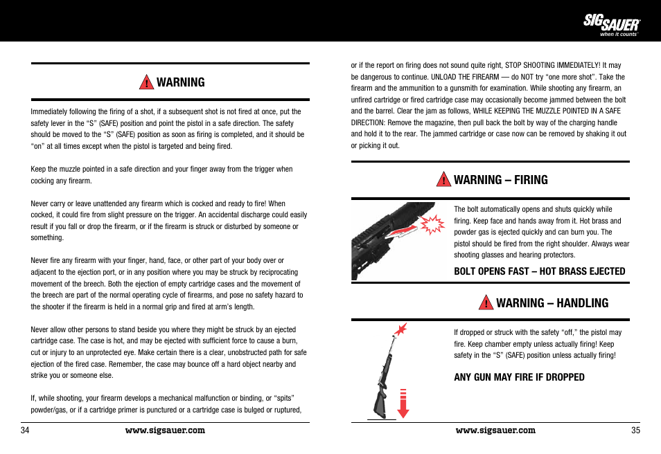 Warning, Warning – firing, Warning – handling | SIG SAUER P522 Pistol User Manual | Page 18 / 31